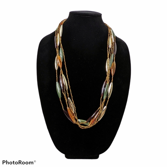 Necklace Beaded Multistrand Green Brown Gold - Picture 3 of 6